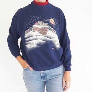Vintage Cats Christmas Navy Graphic Sweatshirt Festive Holiday Winter M